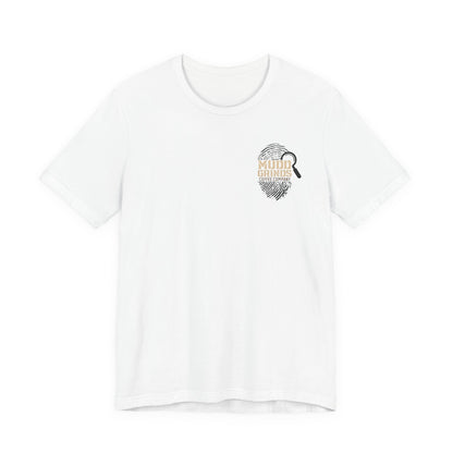 Murder Mystery Fingerprint Tee – 'Murder Solved' Detective Graphic T-Shirt